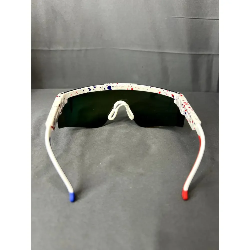 Pit Viper white splatter sunglasses with red and blue accents